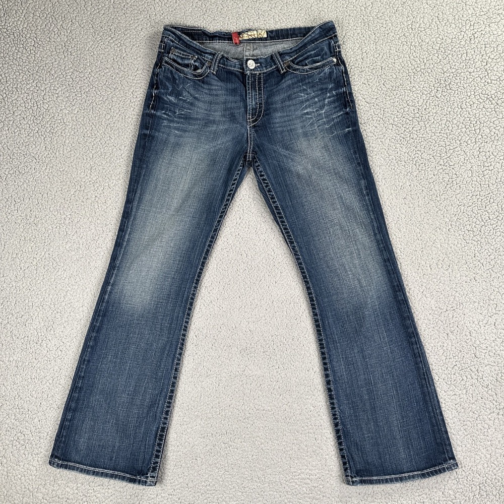 BKE Buckle Drew Low Rise Bootcut Jeans Women 30x31.5 Blue Whiskered Stretch